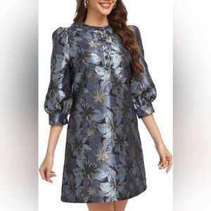 Chic jacquard elegant Blue Blossom Jacquard  Floral Long Sleeve Dress New